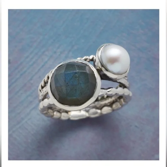 Sundance Catalog Labradorite Pearl Sterling Silver Piccadilly Circus Ring Size 6 - Picture 1 of 10